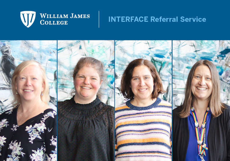 Mosaic of seven headshots of INTERFACE staff members with William James College logo