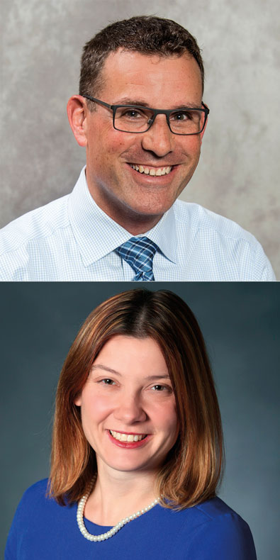 Two stacked portrait photos, top photo of man with glasses, bottom photo of woman in blue top