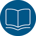 navy blue circle with white outlined icon of an open book inside the circle