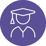 purple circle with white outlined icon of student with cap and gown inside the circle