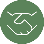 pea green circle with white outlined icon of two hands shaking inside the circle