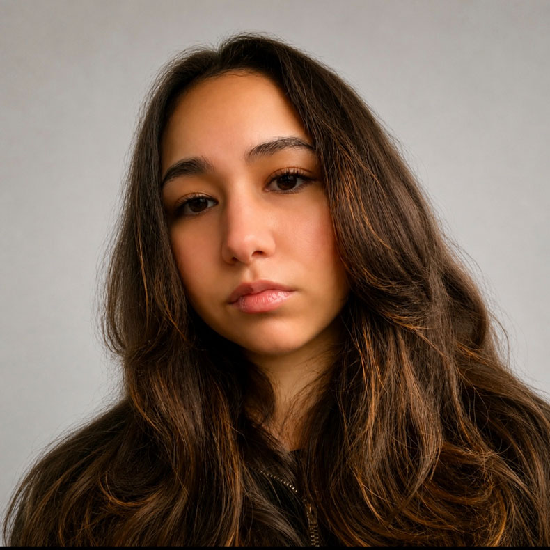 Portrait photo of white woman with long dark brown hair, black top, and neutral background