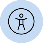 light blue circle with black outlined icon of a stick man with arms out inside the circle