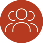 red circle with white outlined icon of the head and shoulders of three people inside the circle