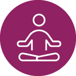 magenta circle with white outlined icon of person sitting in the lotus position inside the circle